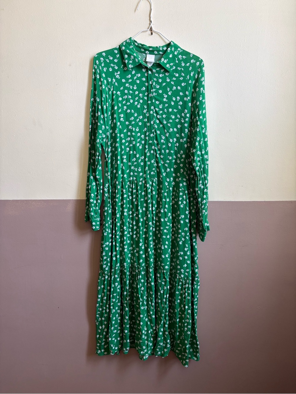 H&M Green Collared Floral Tiered Maxi Dress